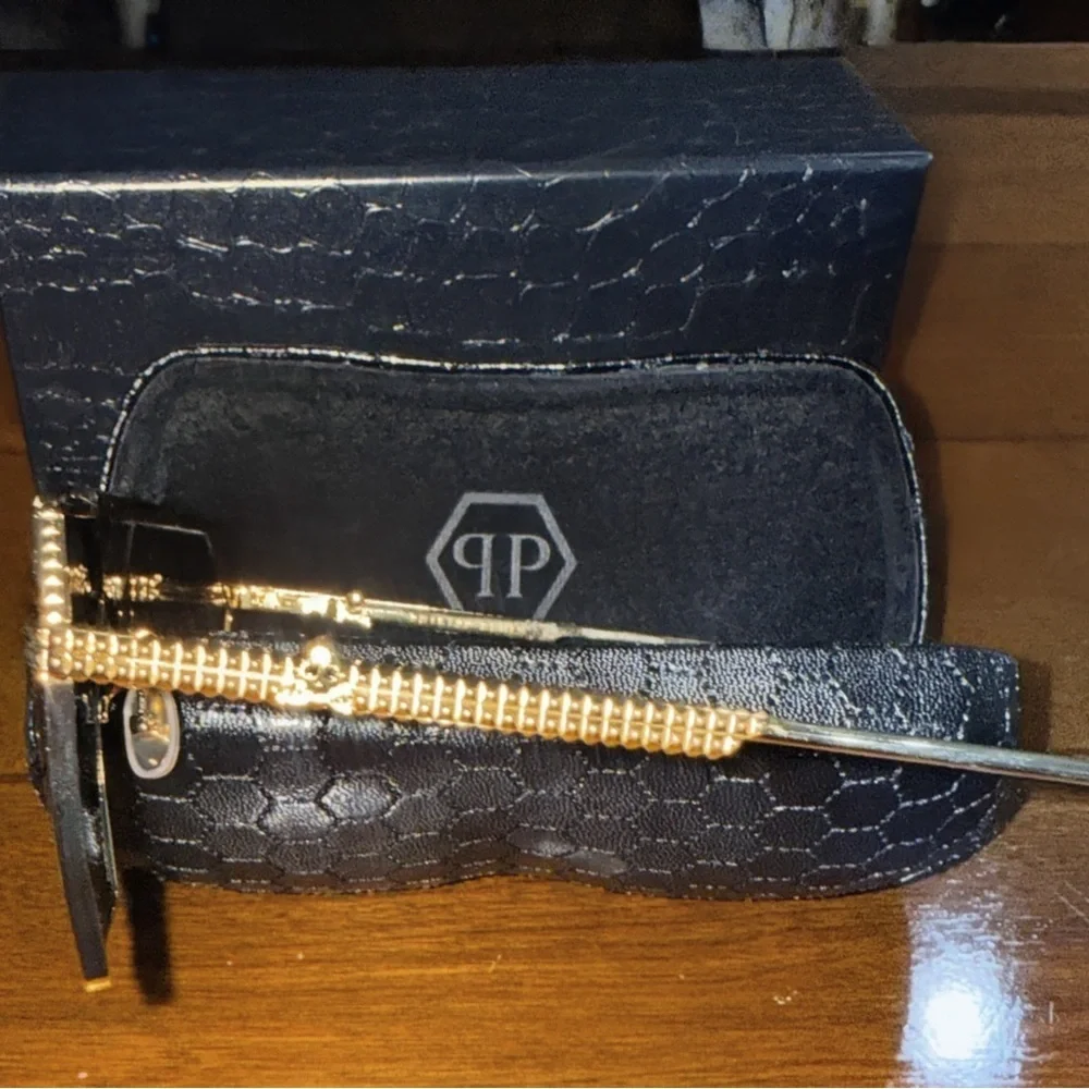Philipp Plein Gold Titanium Geometric Sunglasses | Luxury Designer Frame w/ Case